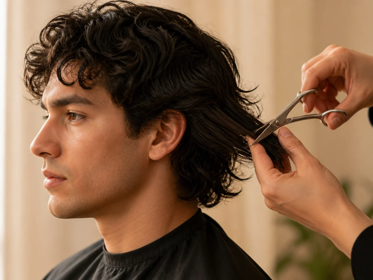 Shears point cutting into the ends of a thick section of hair