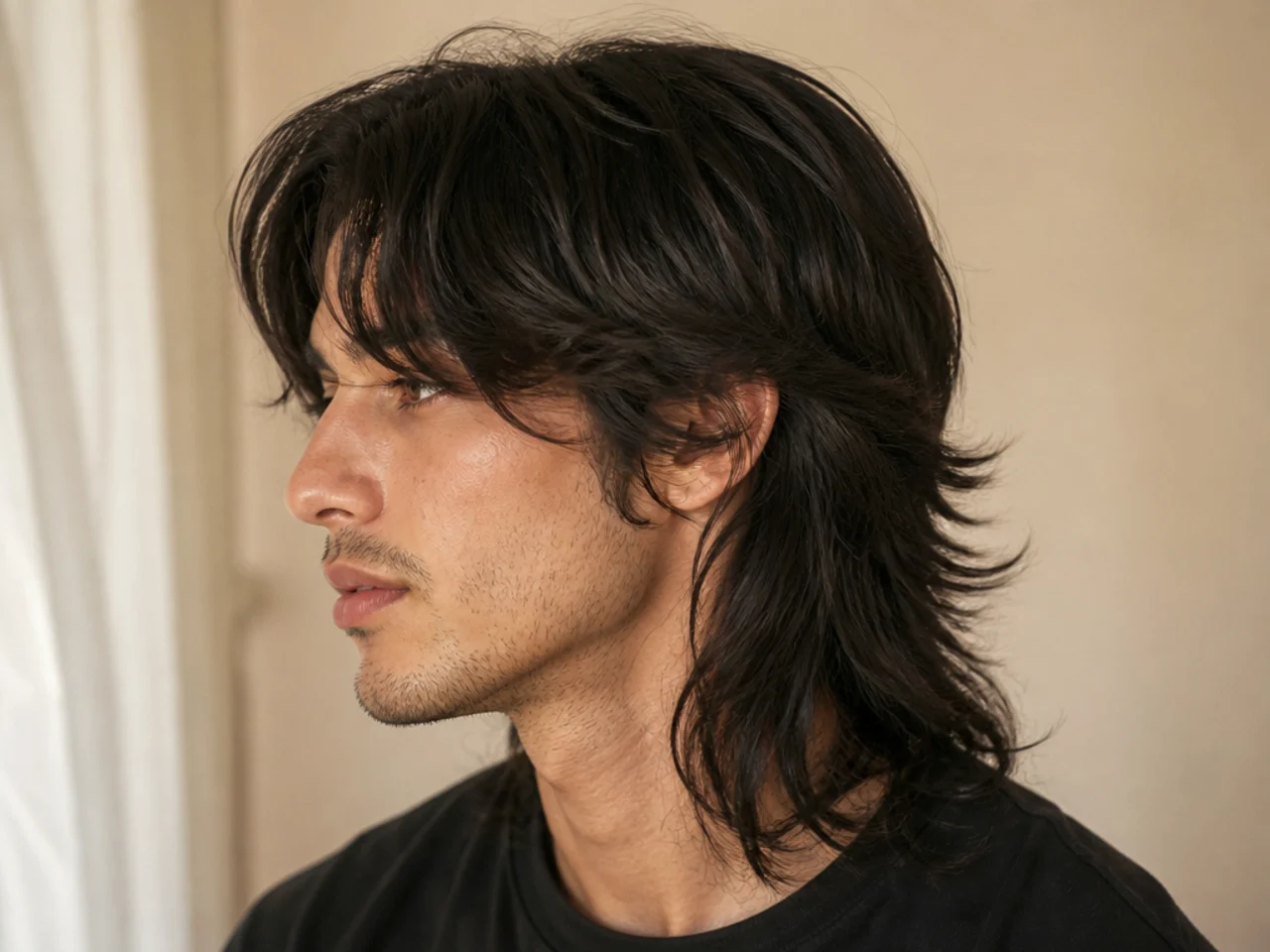 A visible step between short crown layers and long lengths on a wolf cut