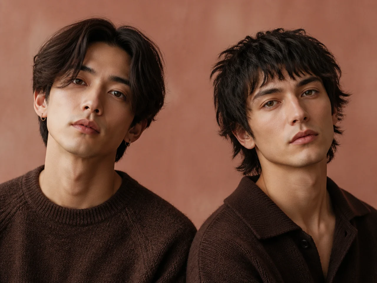 A soft curtain fringe next to a short choppy wolf cut fringe