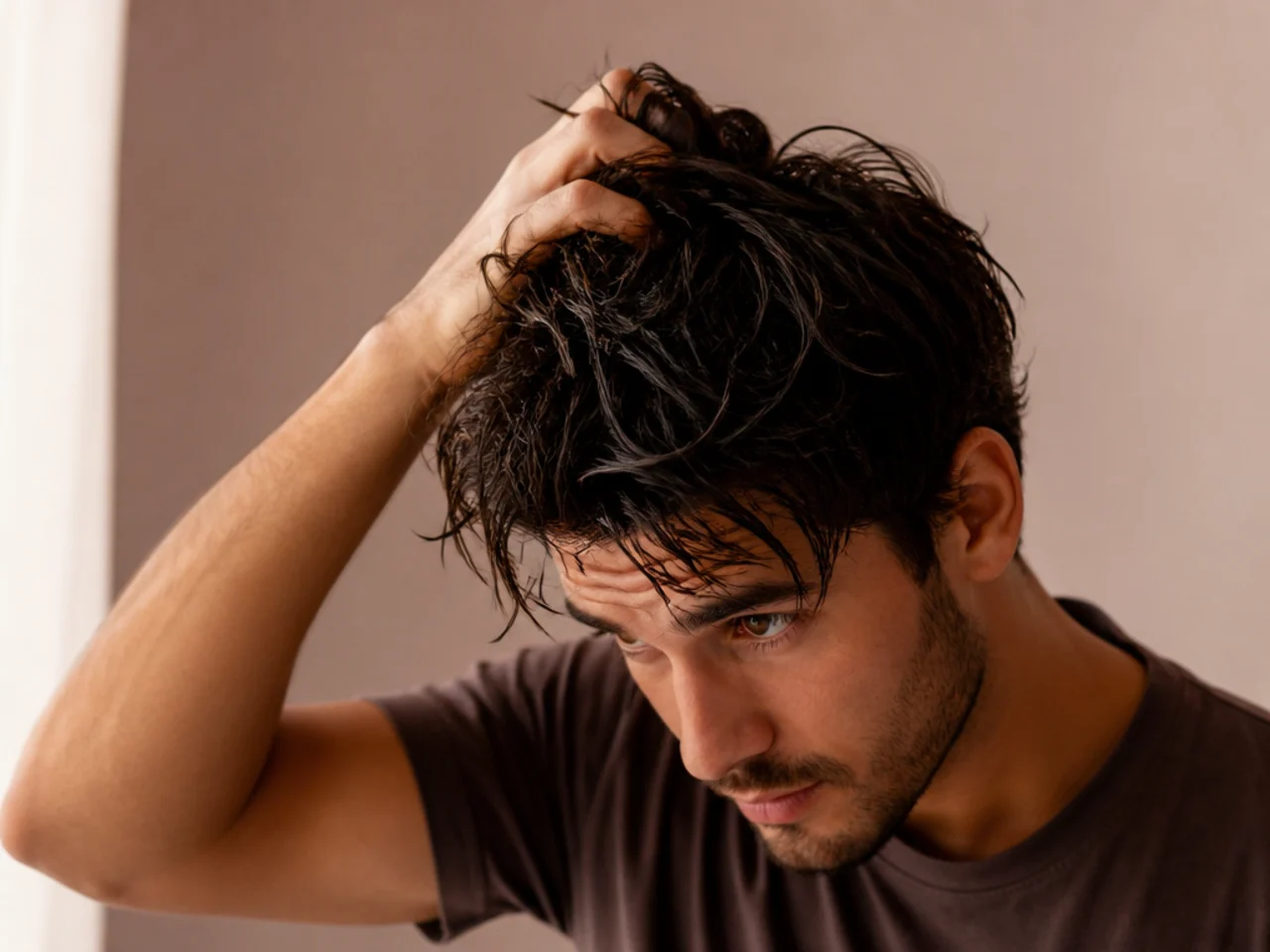 Texture spray being scrunched into damp layered hair at the crown