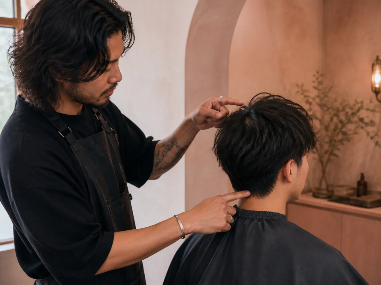 A barber pointing out layer placement on the crown and nape of a client