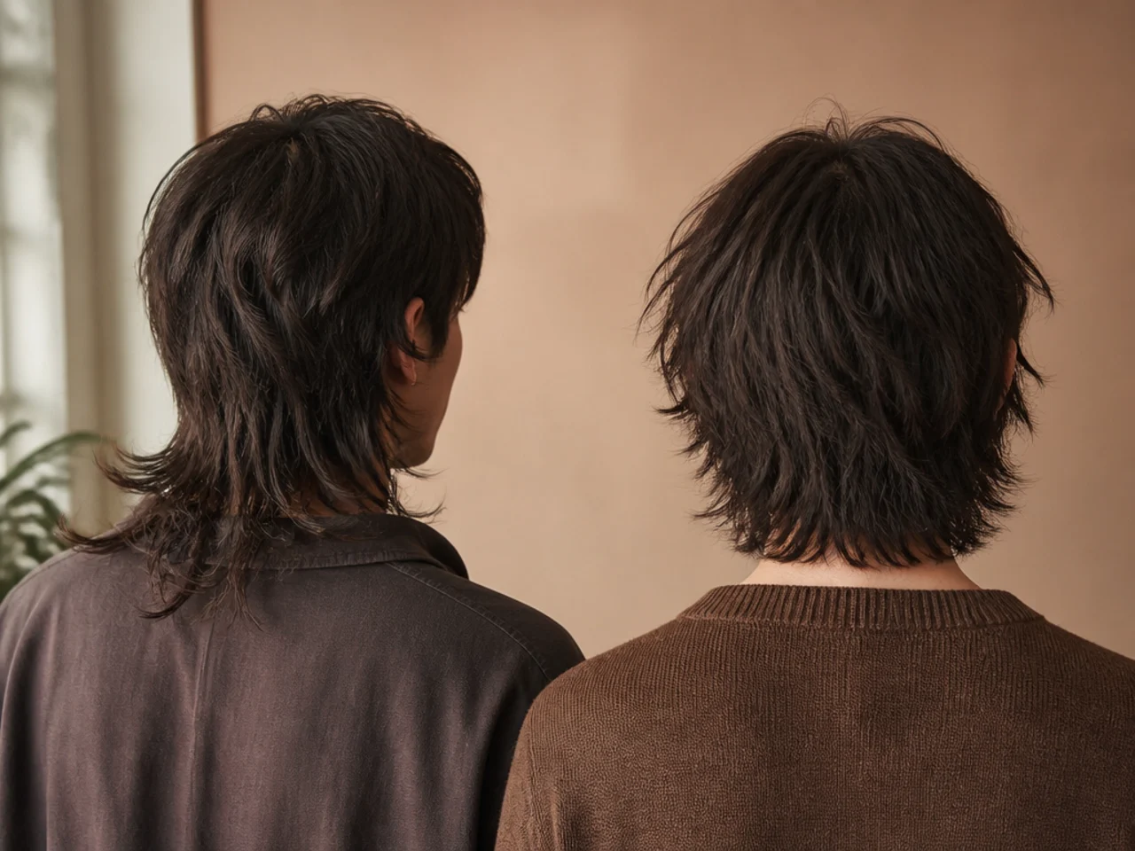 Back view of a long nape wolf cut next to a level cut shag