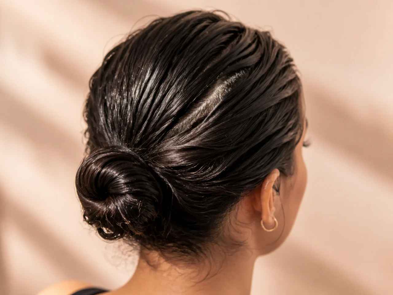 A sleek bun showing separation on unwashed hair