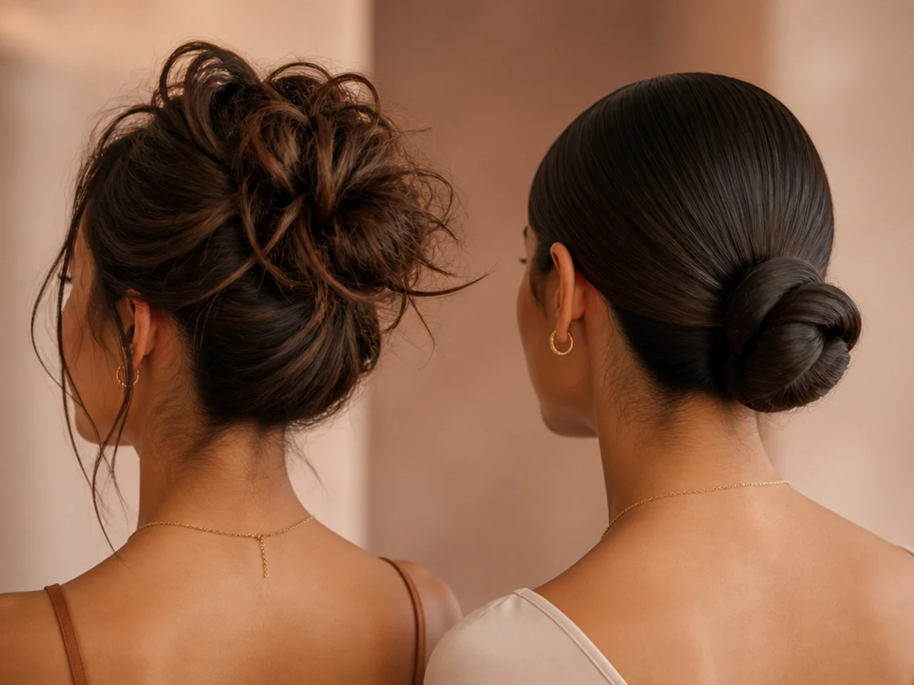 A messy and a sleek bun side by side