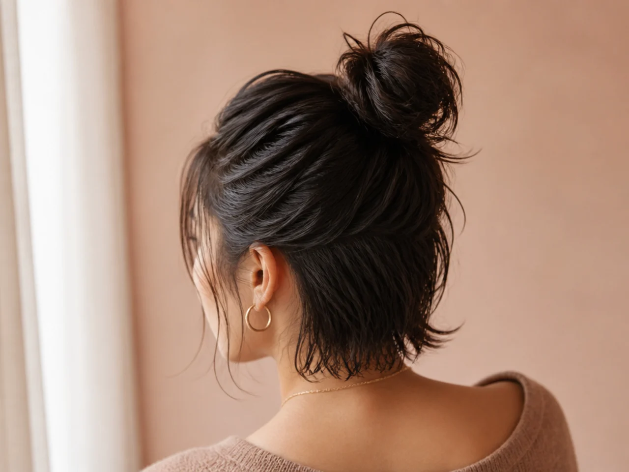 A short-hair bun slipping on freshly washed hair