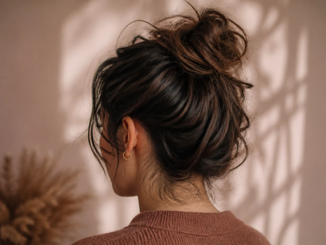 A messy bun on second-day short hair
