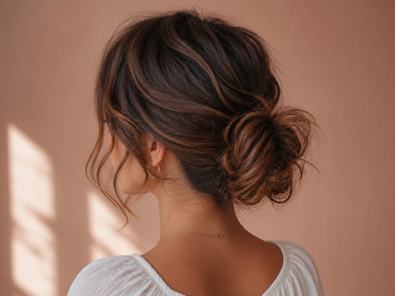 A messy bun on chin-length hair