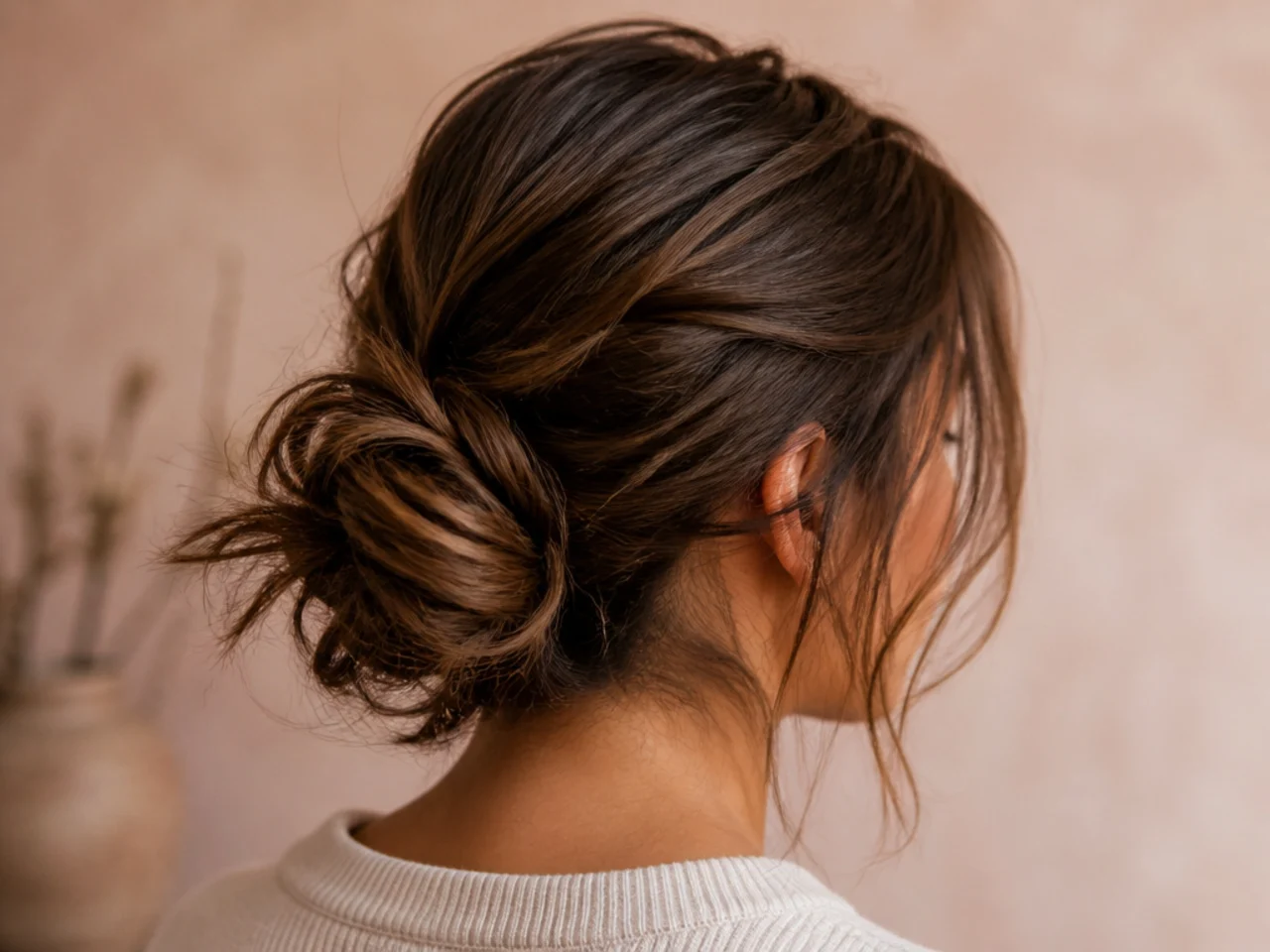 A messy bun on collarbone-length hair