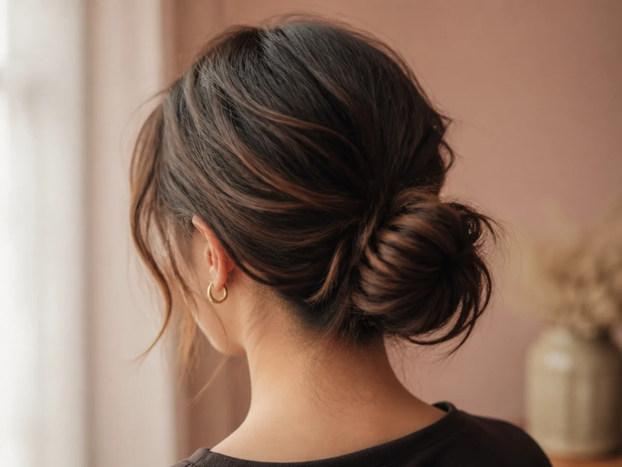A neat short-hair bun with layers escaping late in the day