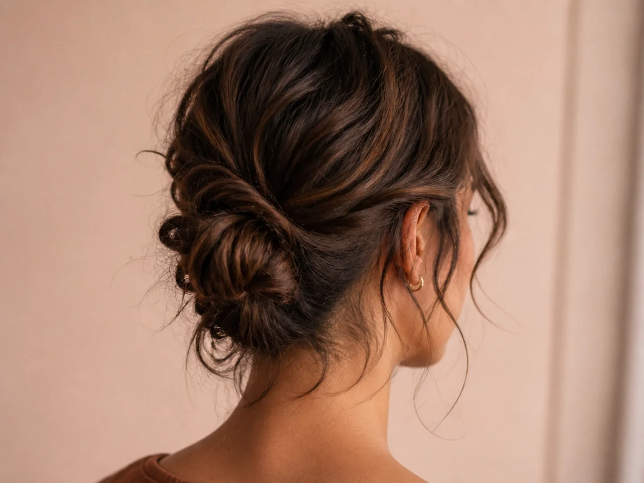 A short-hair bun with pieces pulled out afterwards
