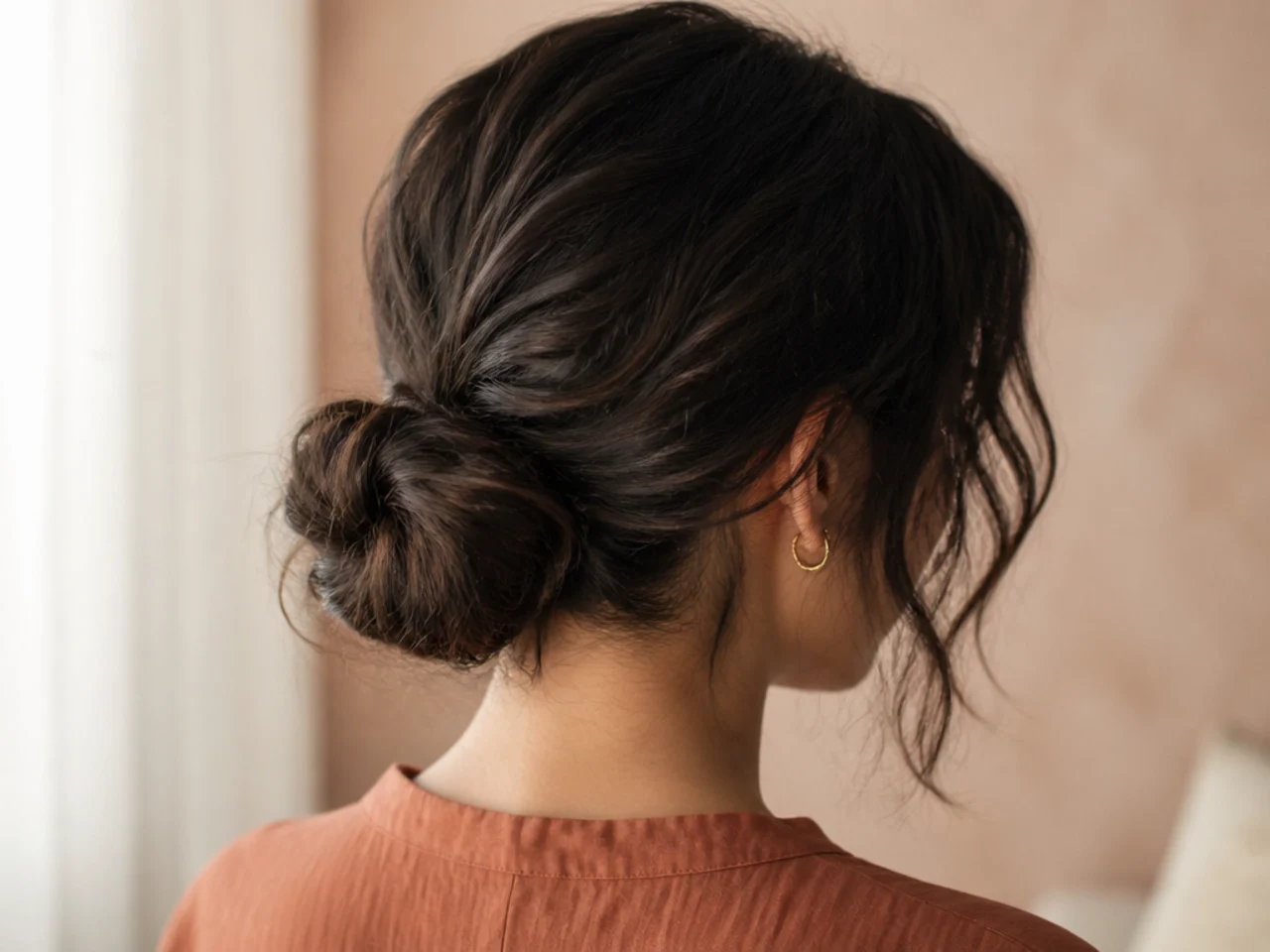 A low messy bun at the nape on short hair