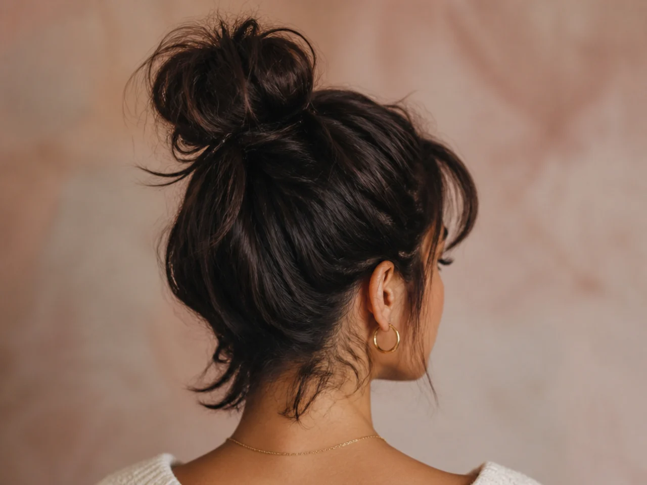 A high messy bun on short hair