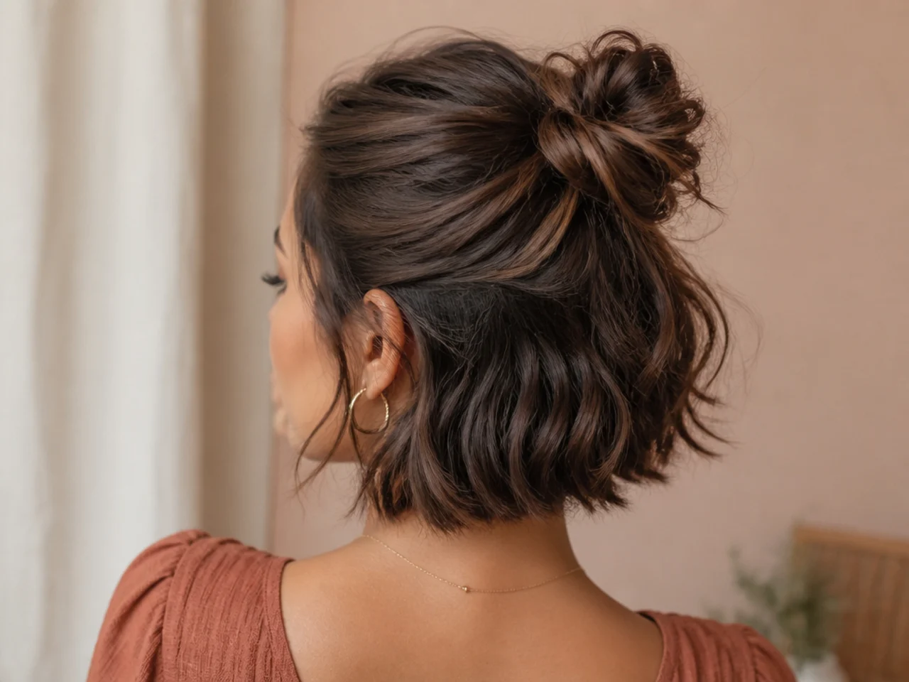 A half-up messy bun on short hair