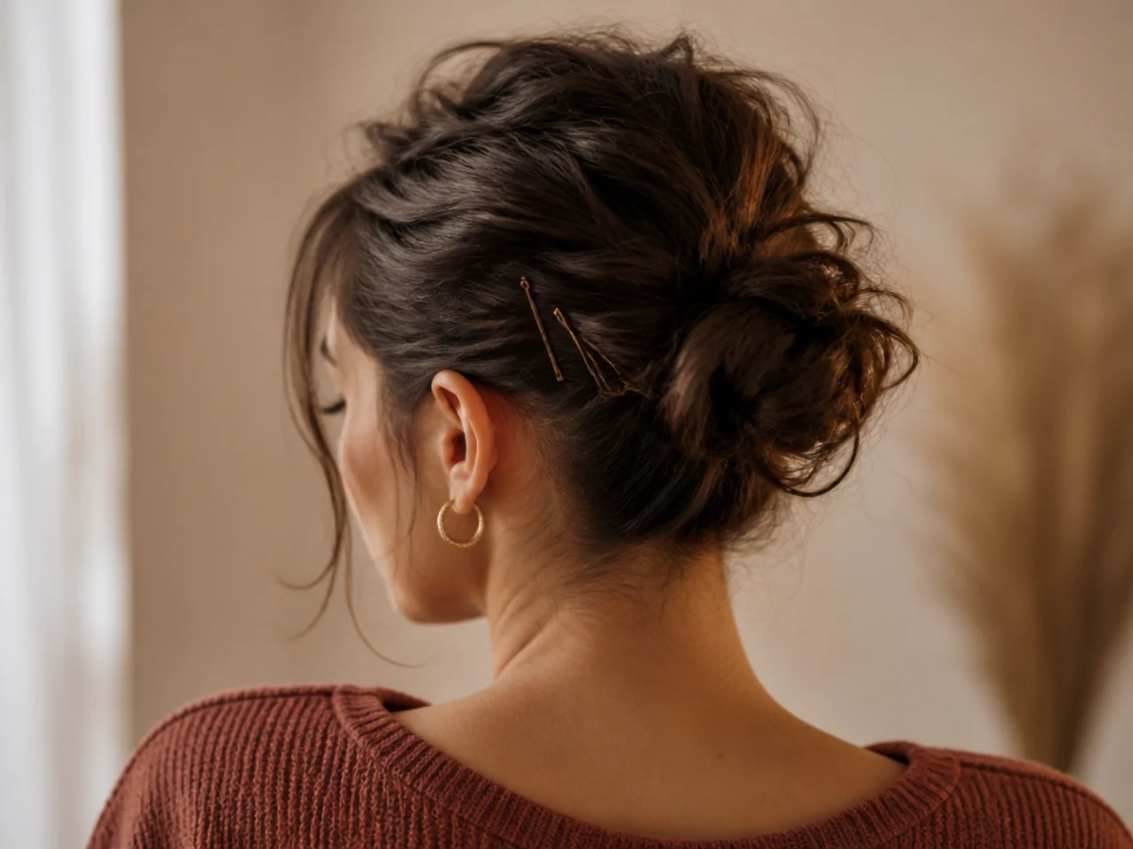 A messy bun with the sides pinned