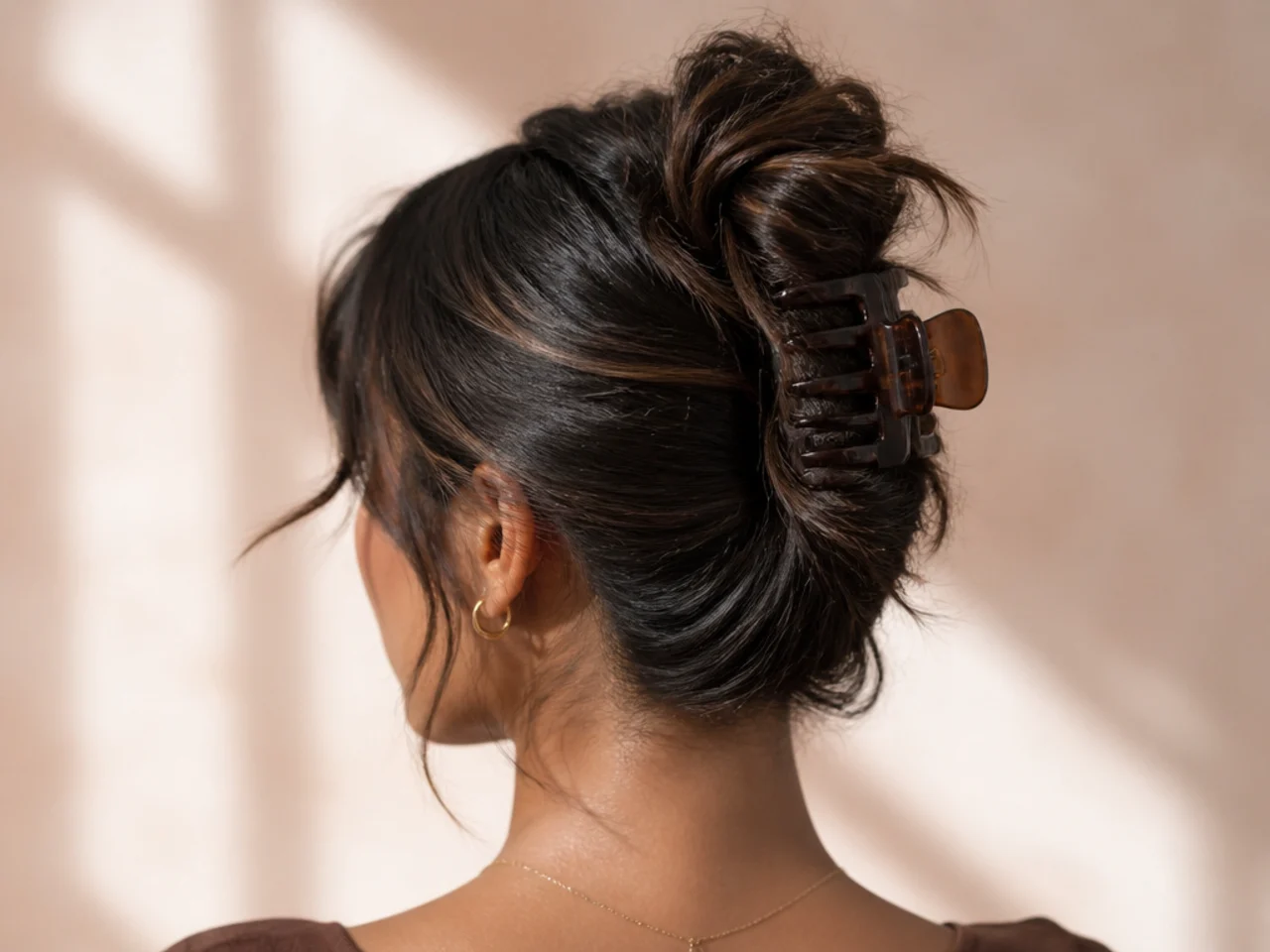 A messy bun on short hair held with a claw clip
