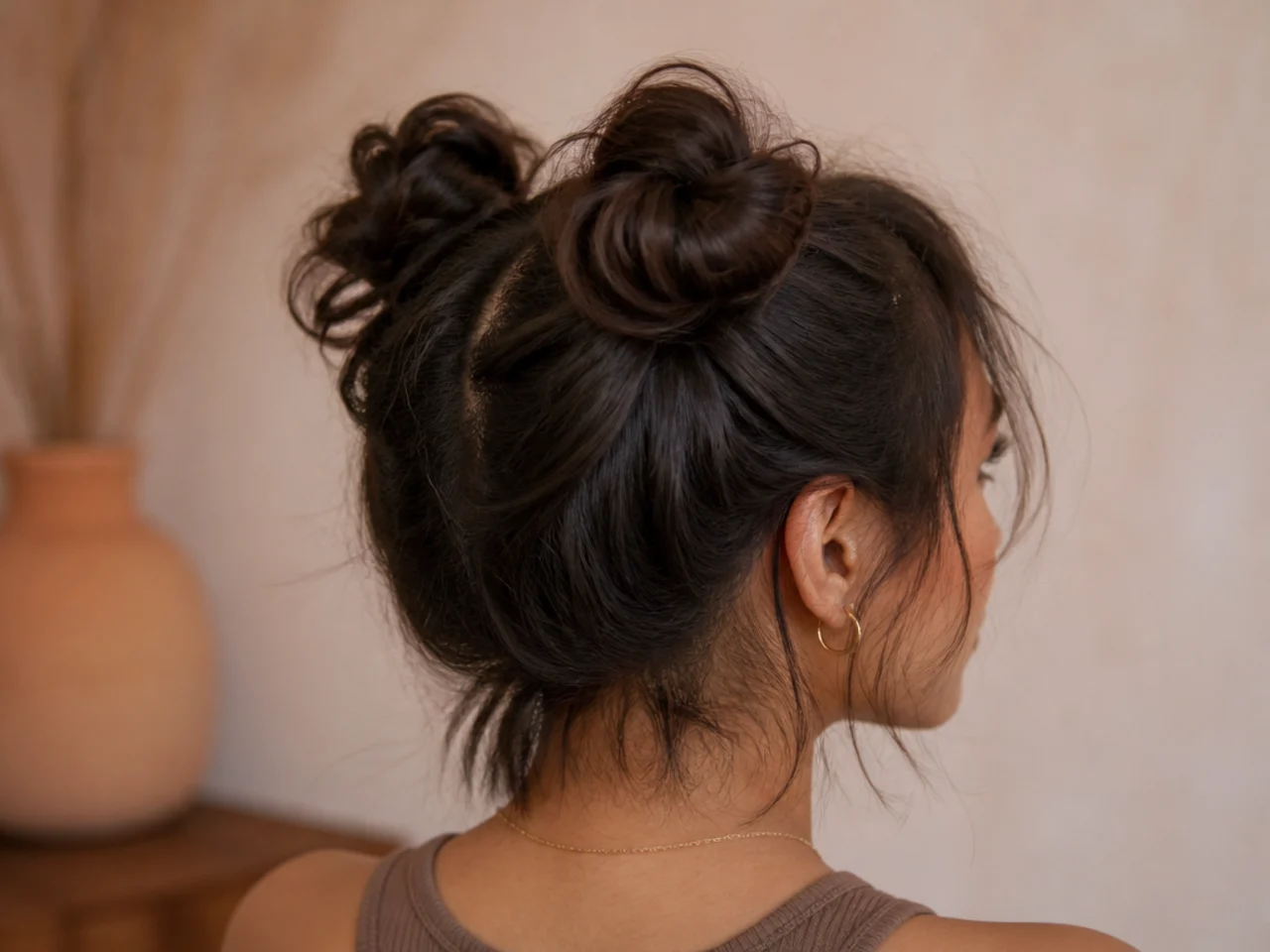 Two messy buns on short hair