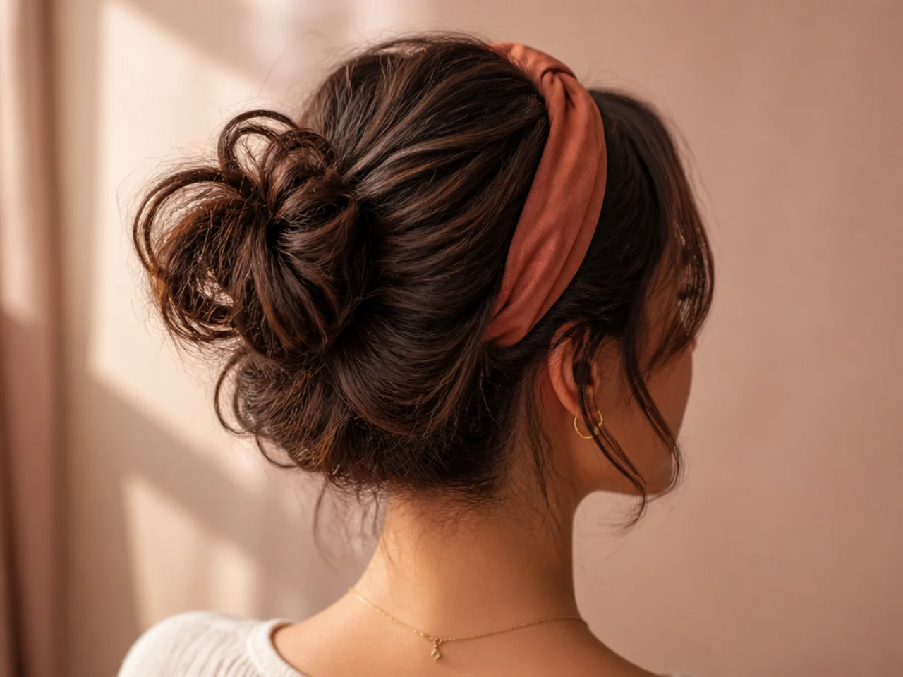 A messy bun on short hair with a headband