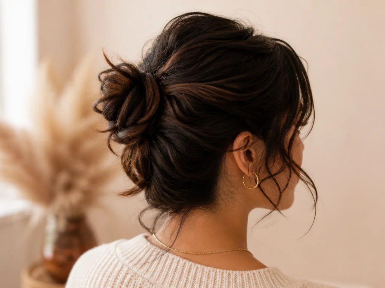 Three-quarter view of a messy bun on short hair