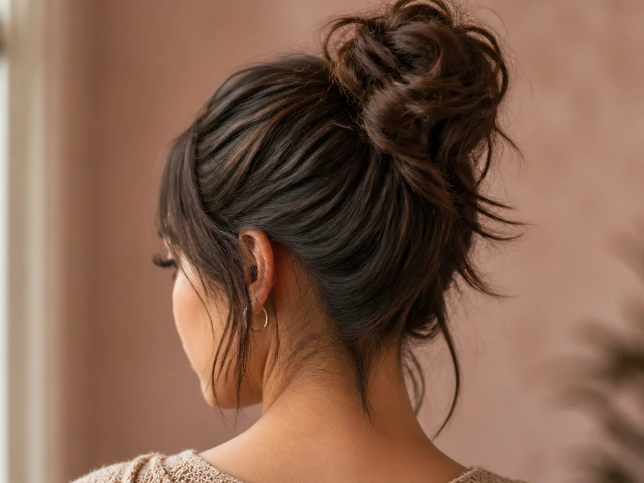 Layers escaping from a high bun on short hair