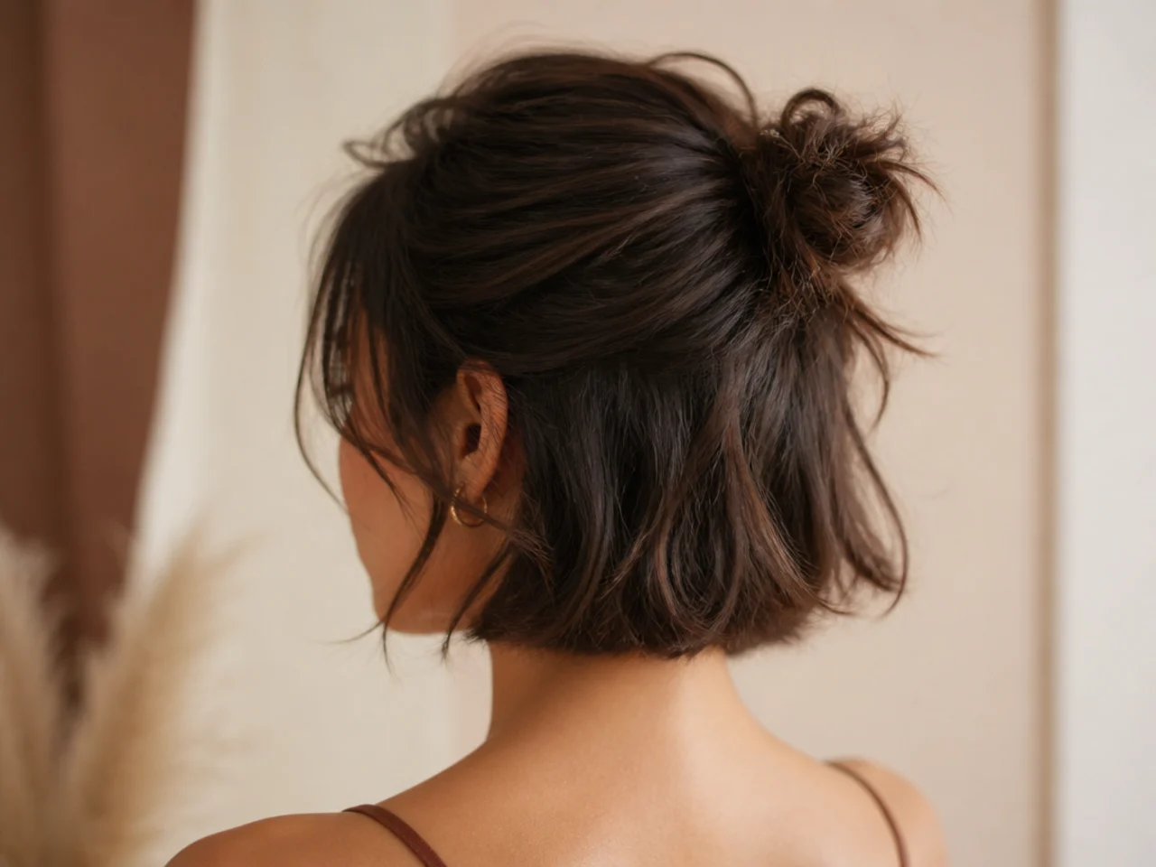A half-up messy bun on short hair