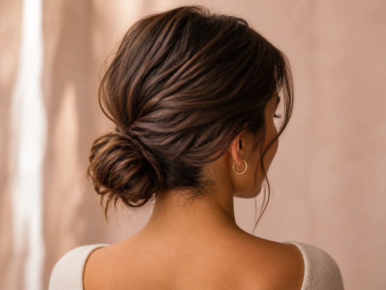 A low messy bun on short hair holding well