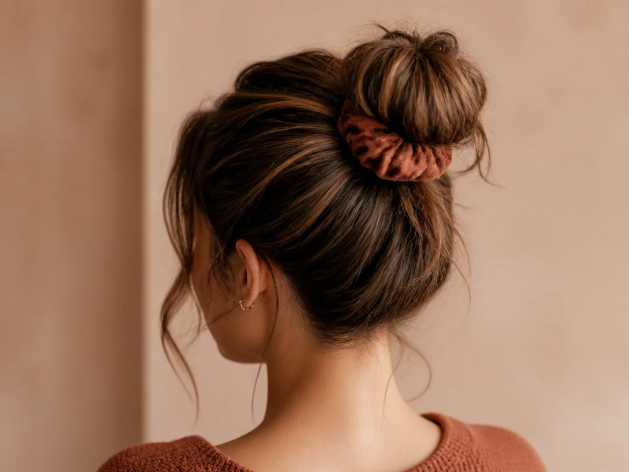 A messy bun secured with a scrunchie