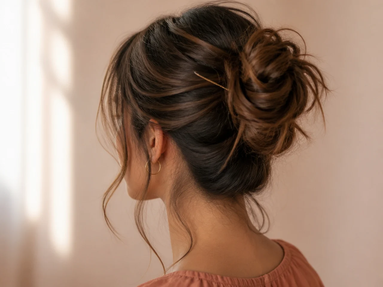 A messy bun held with grips