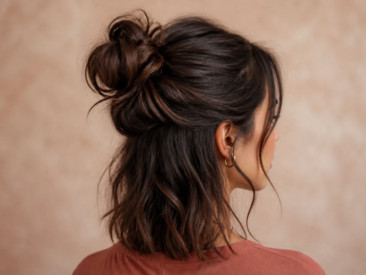 A half-up messy bun