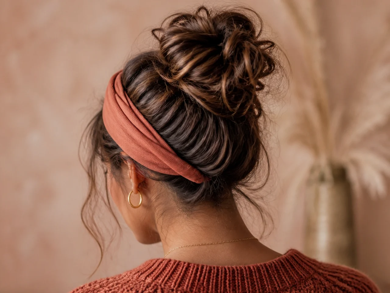 A messy bun worn with a headband