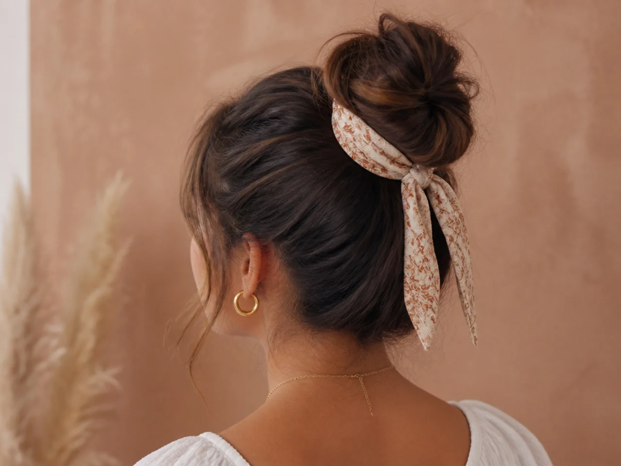 A messy bun with a scarf tied around the base