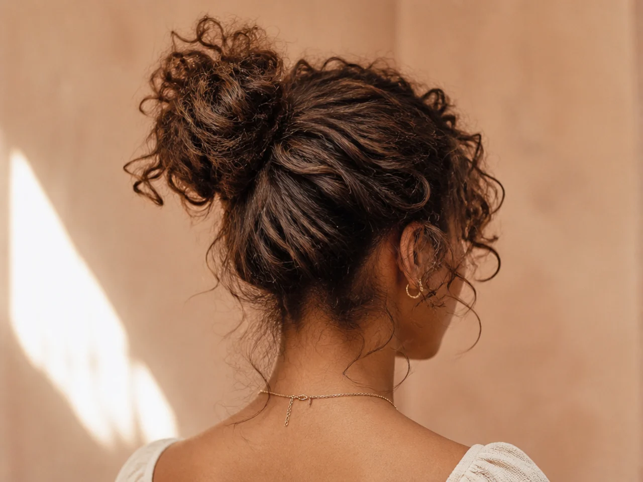 A messy bun on curly hair