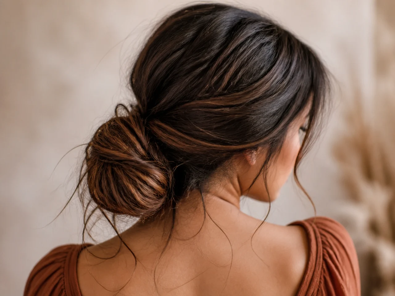 A messy bun that has slipped down the head