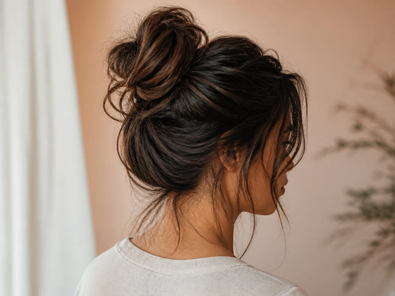 A messy bun with face-framing pieces