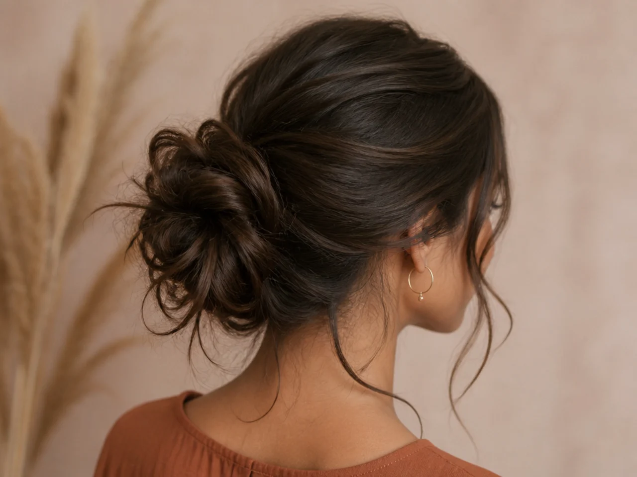 A messy bun with a deep side part