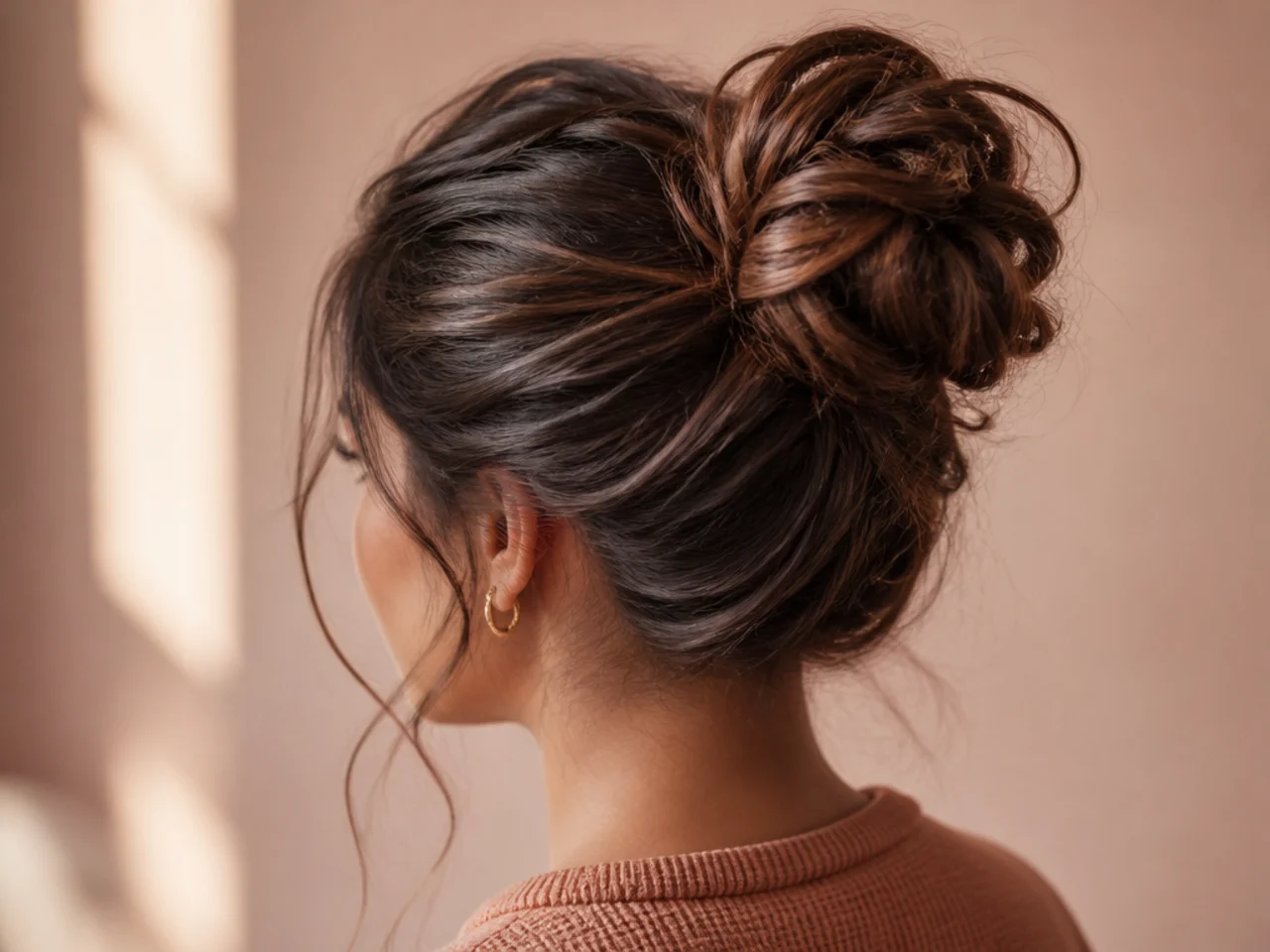 Three-quarter view of a finished messy bun