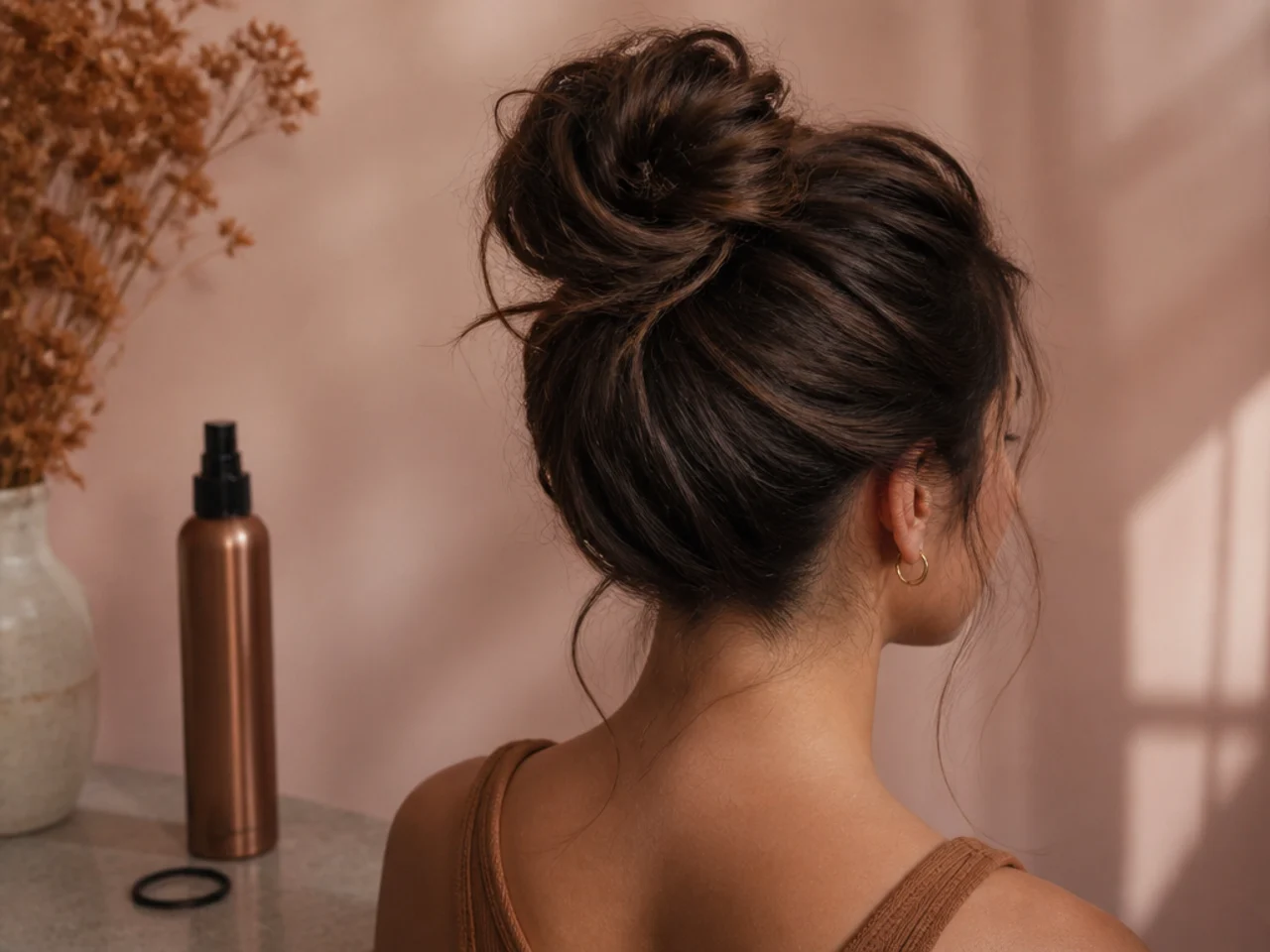 Texture spray and a hair tie laid out