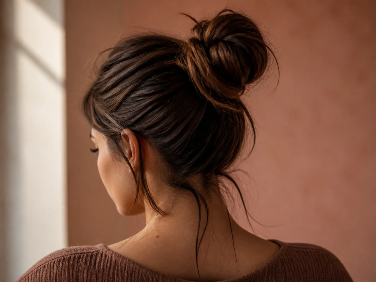 A messy bun with pieces escaping at the base