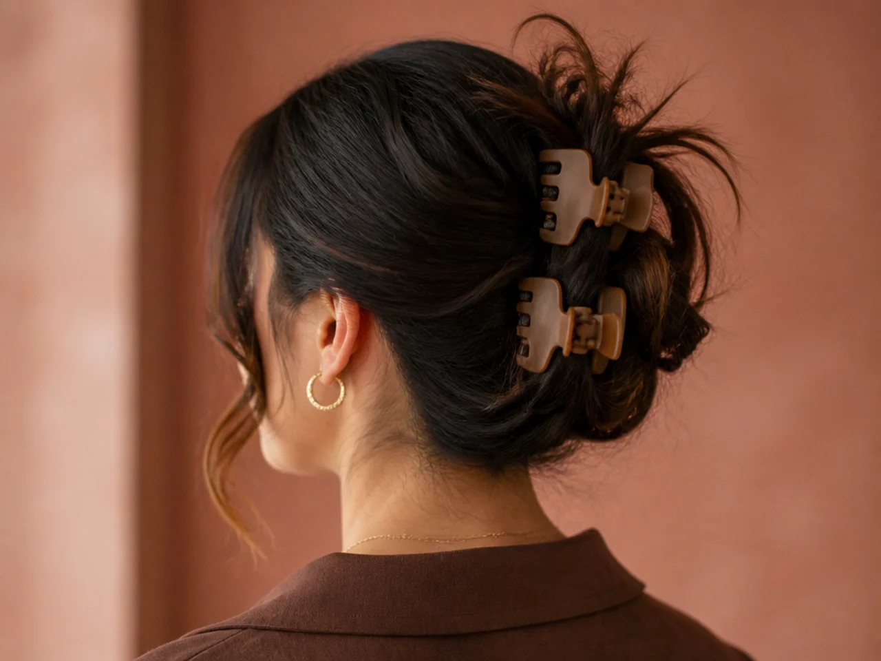 A messy style secured with two stacked clips