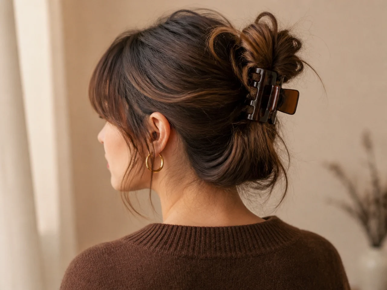 A messy bun worn with a fringe