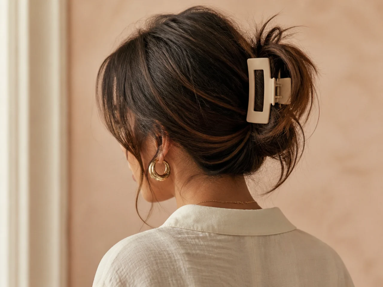 A loosely folded ponytail secured with a clip