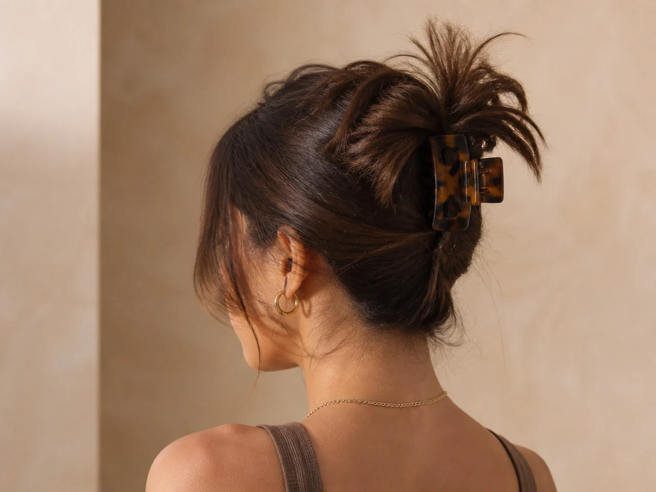 A messy bun with ends fanned above the clip