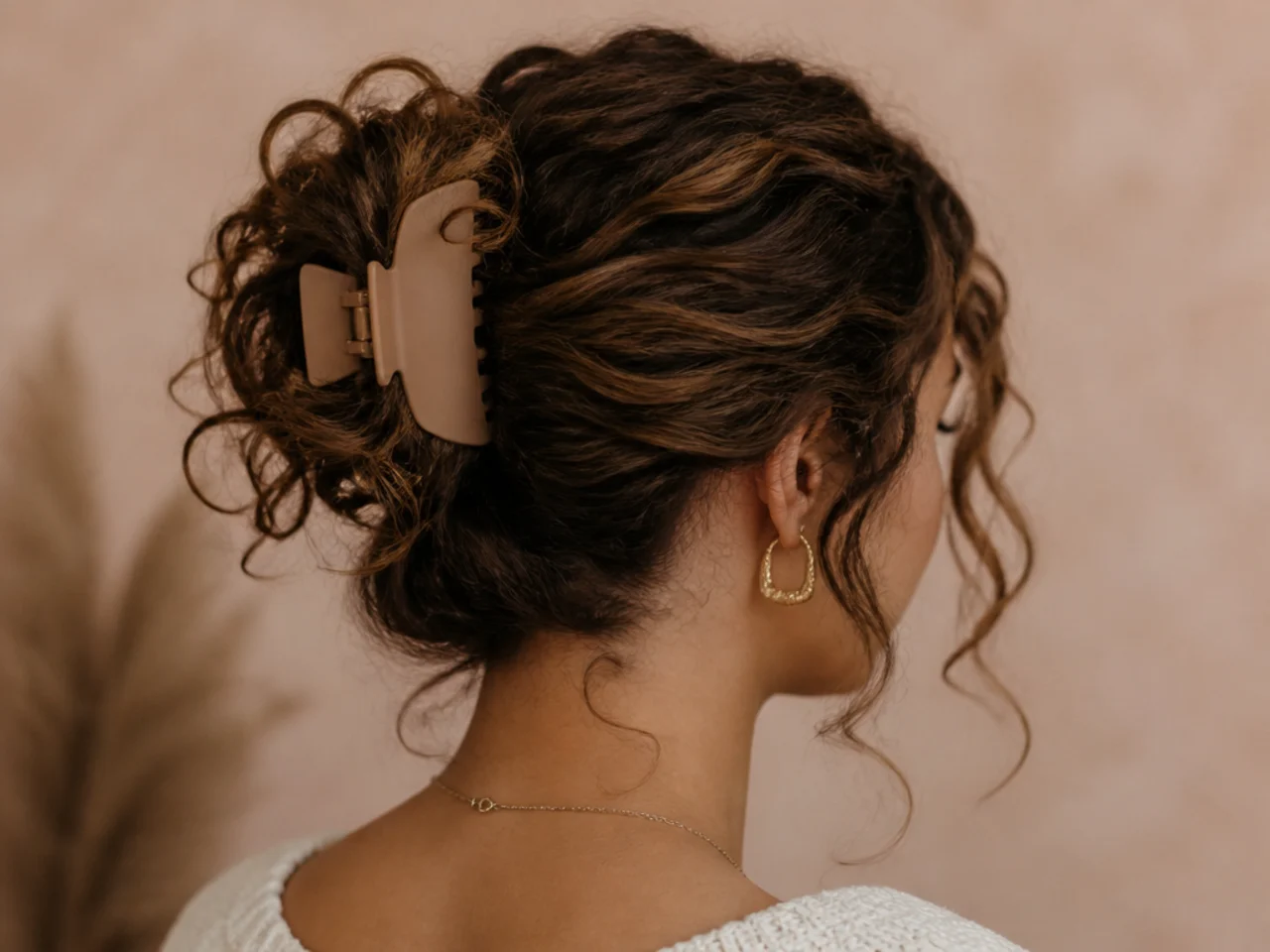 A loosely clipped messy curly style