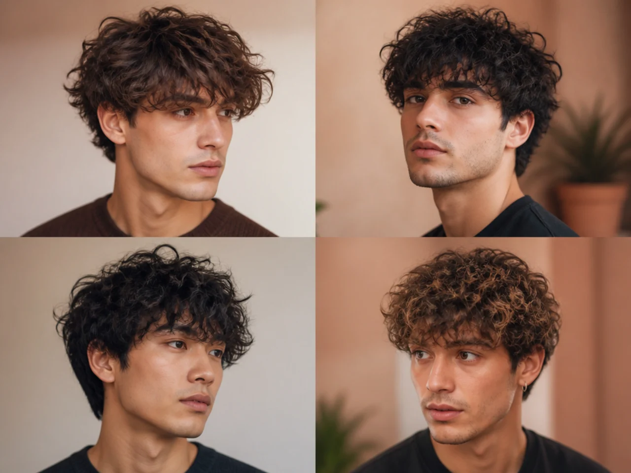 Curly messy fringe with defined coils falling loose across the forehead