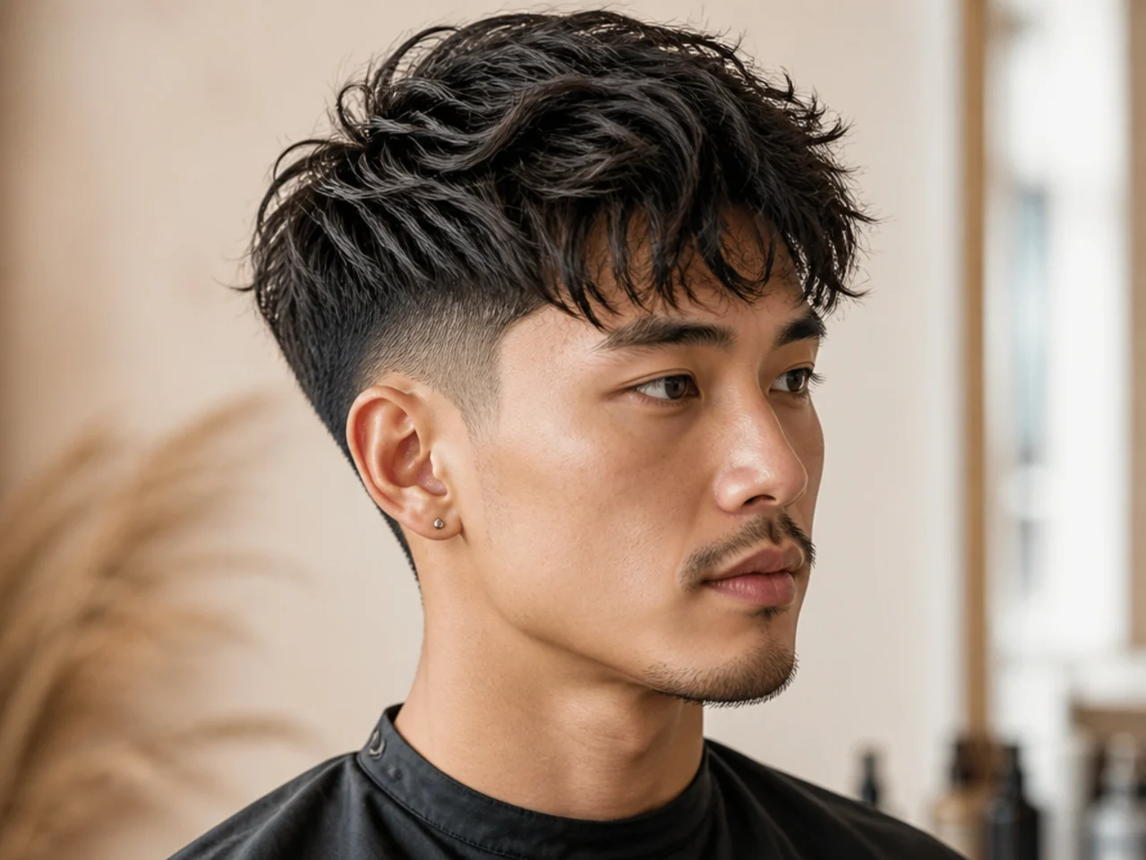 Mid fade with contrast messy fringe and choppy forward layered top