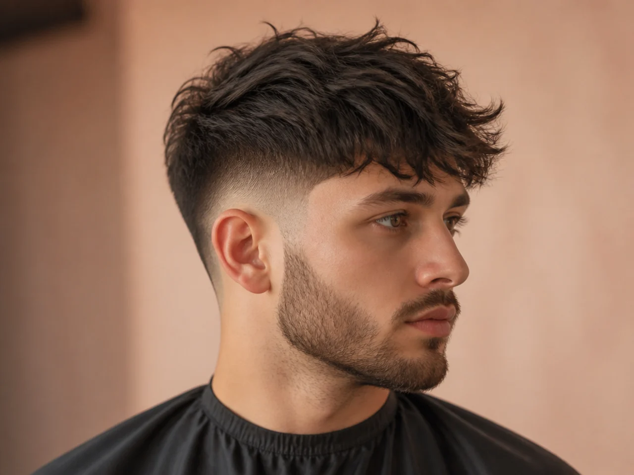 Skin fade sides with sharp contrast to a messy chopped fringe on top