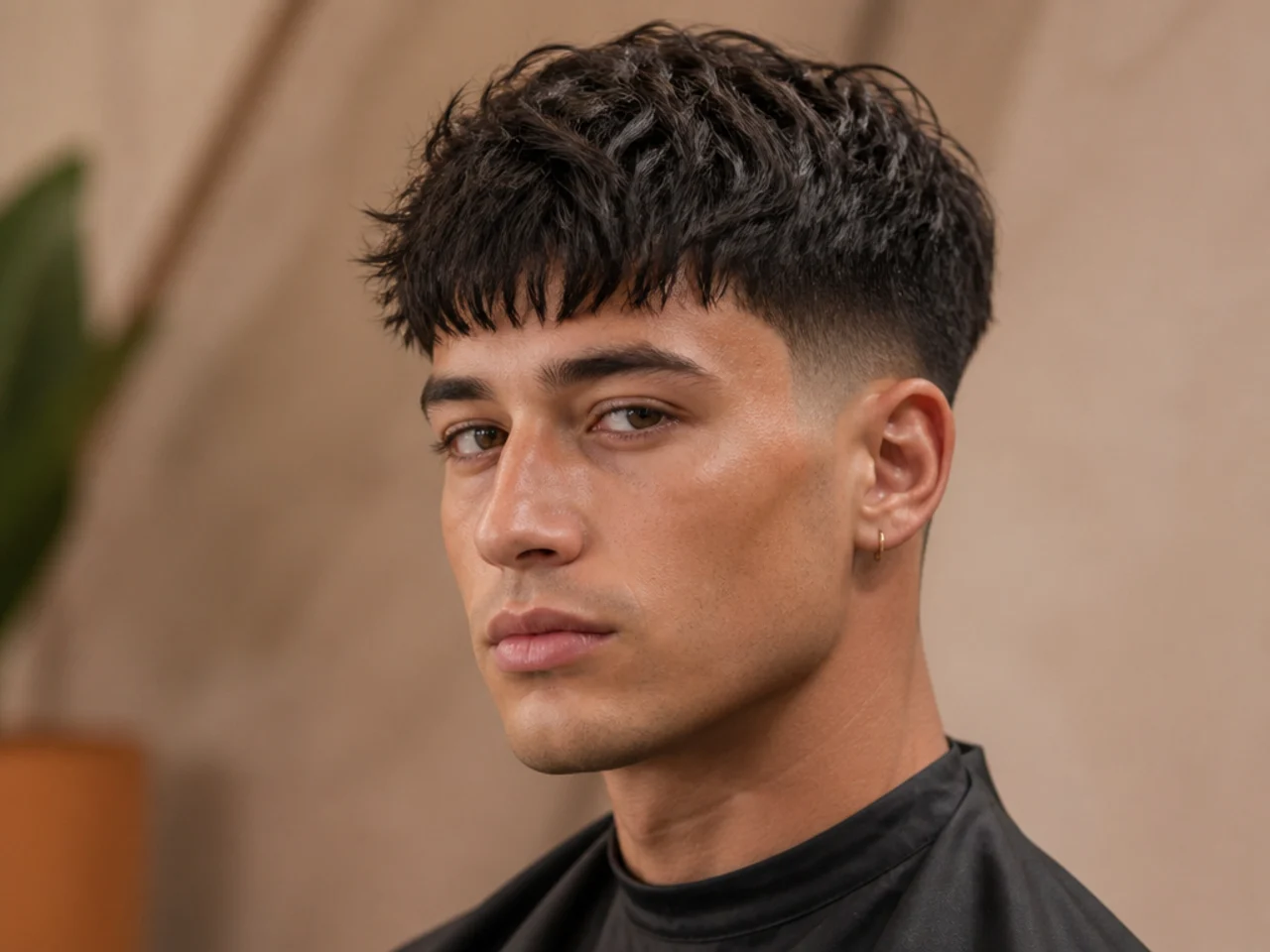 Undone Edgar haircut with broken fringe edge and softly tapered sides