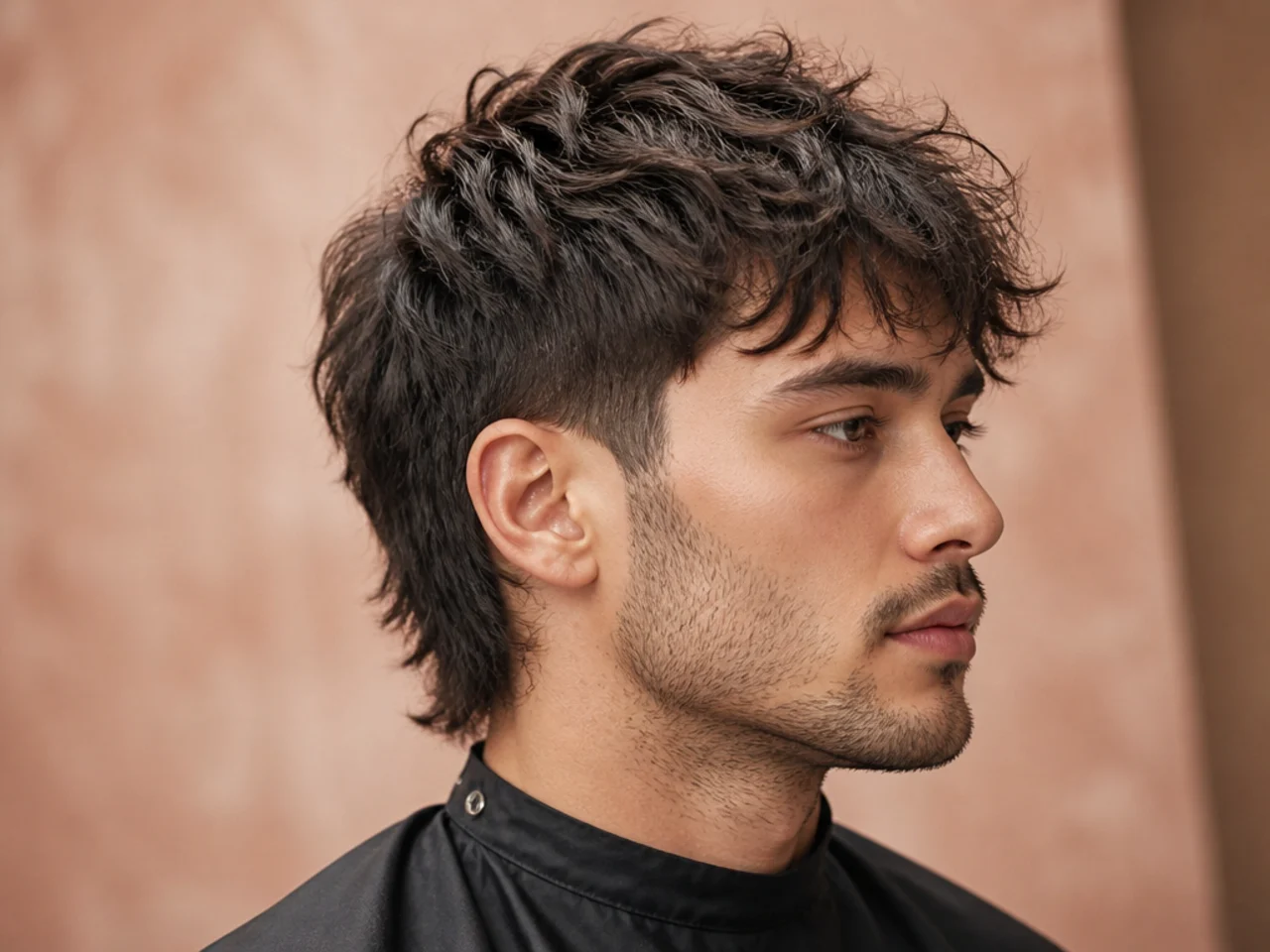 Modern mullet with chopped messy fringe up front and layered length at the nape