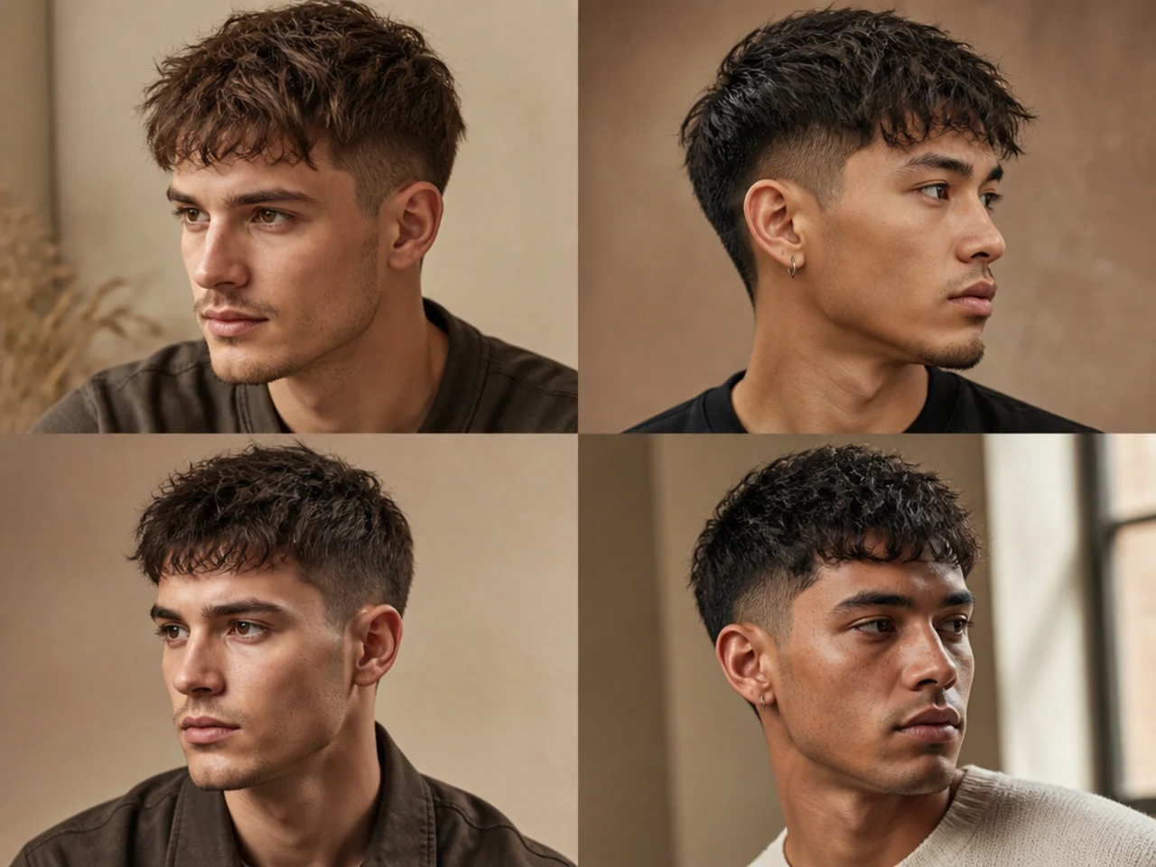 Textured chopped crop with short piecey fringe above the brow and mid fade sides