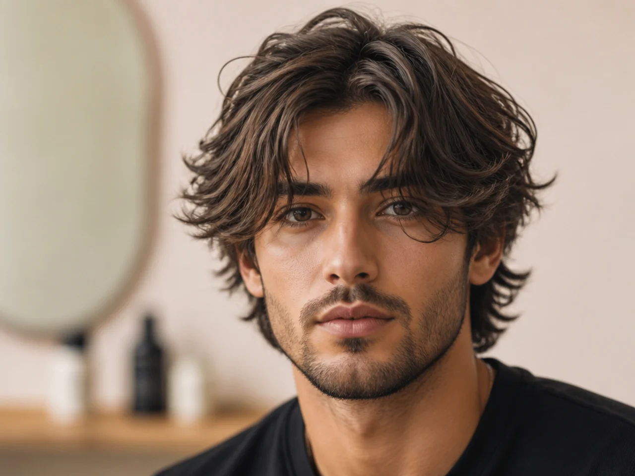 Bro-flow long messy fringe swept back with natural forward drop and tousled length