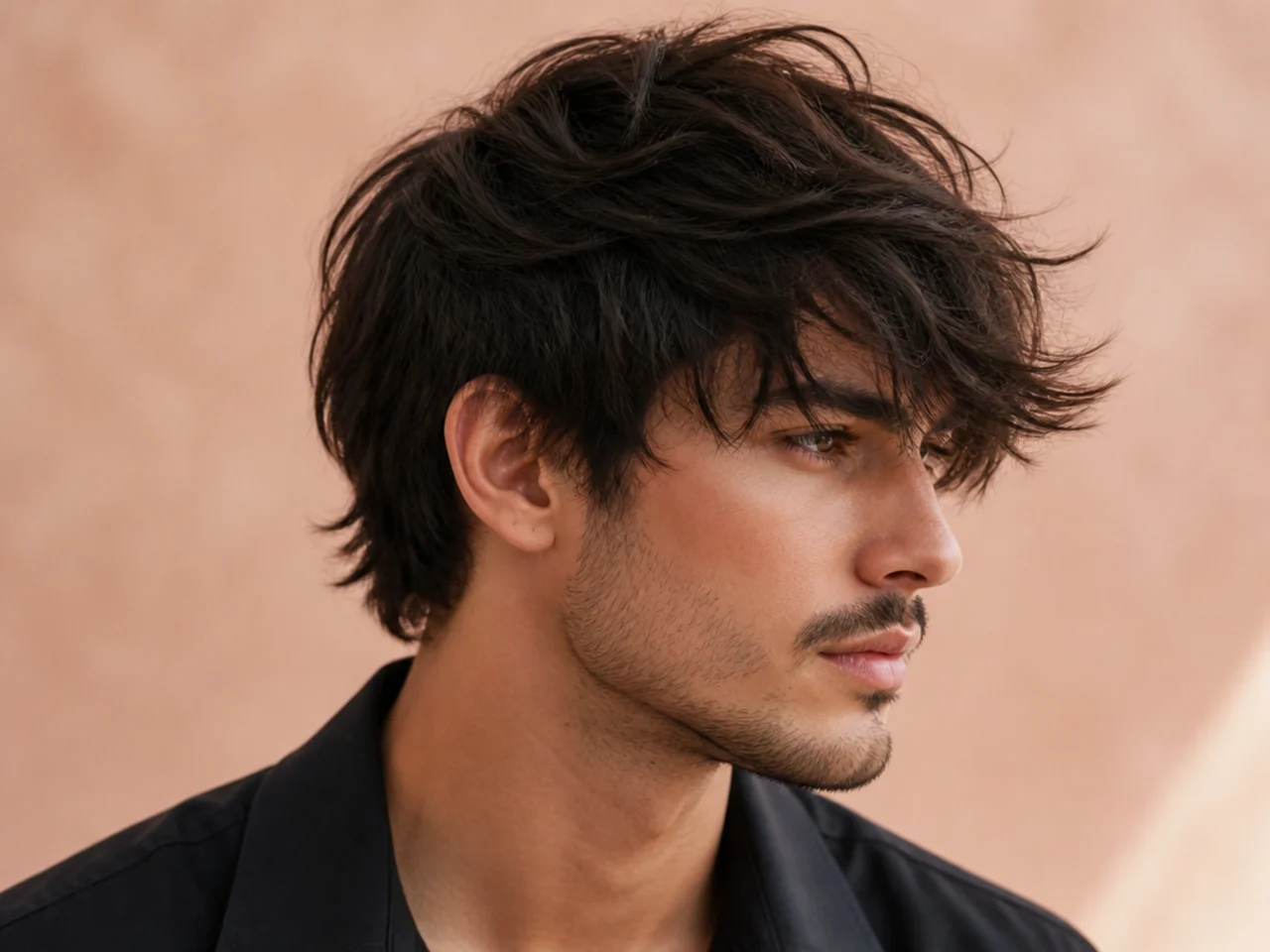 Windswept long fringe with natural sideways drift and casual movement